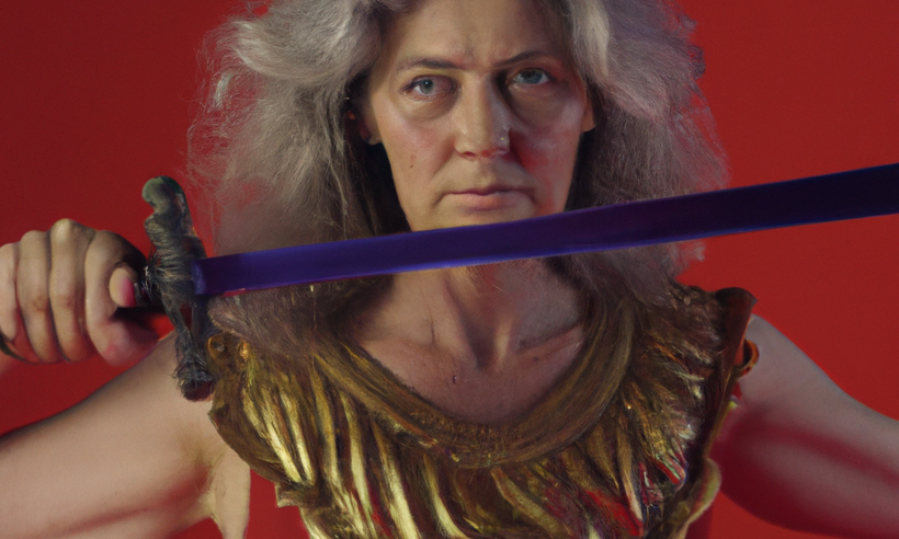DALL·E 2023-02-22 11.52.05 - Older Woman, Valkyrie, Baroque dress, high detailed, velvet red background, 4k, high resolution, sword fight